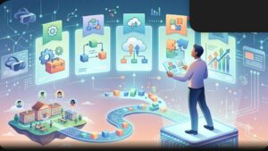 Современная иллюстрация с интерфейсами платформ для выбора движка онлайн-школы в минималистичном стиле