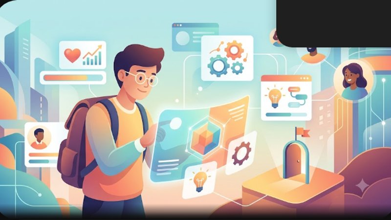 Современная иллюстрация интерфейса образовательной платформы, демонстрирующая психологию взаимодействия пользователя с контентом курса.