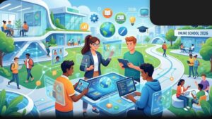 Современная иллюстрация трендов LMS-платформ для онлайн-школ в 2026 году в минималистичном стиле